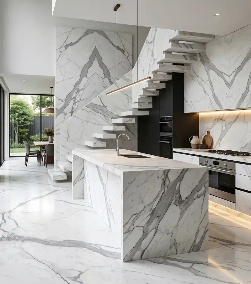 Statuario marble slab with bold grey veining on white surface