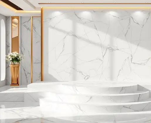Statuario marble slab with bold grey veining on white surface